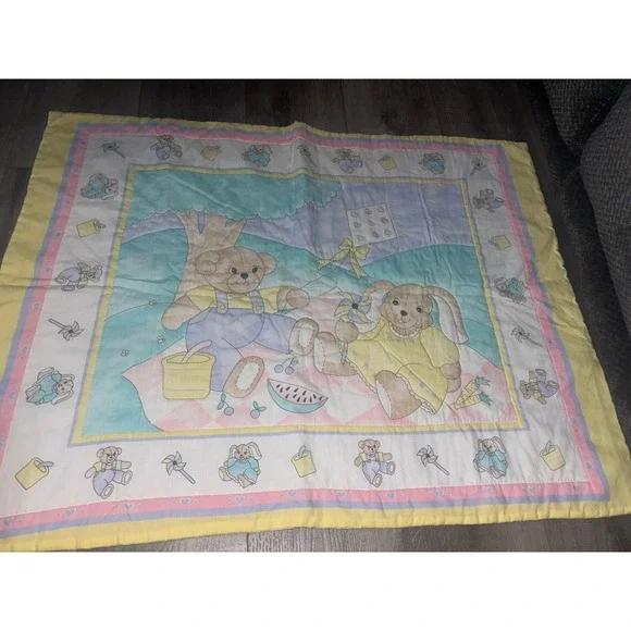 Vintage Baby Bear, Bunny And pinwheel Baby And toddler Comforter TOTE 2 - Picture 1 of 6